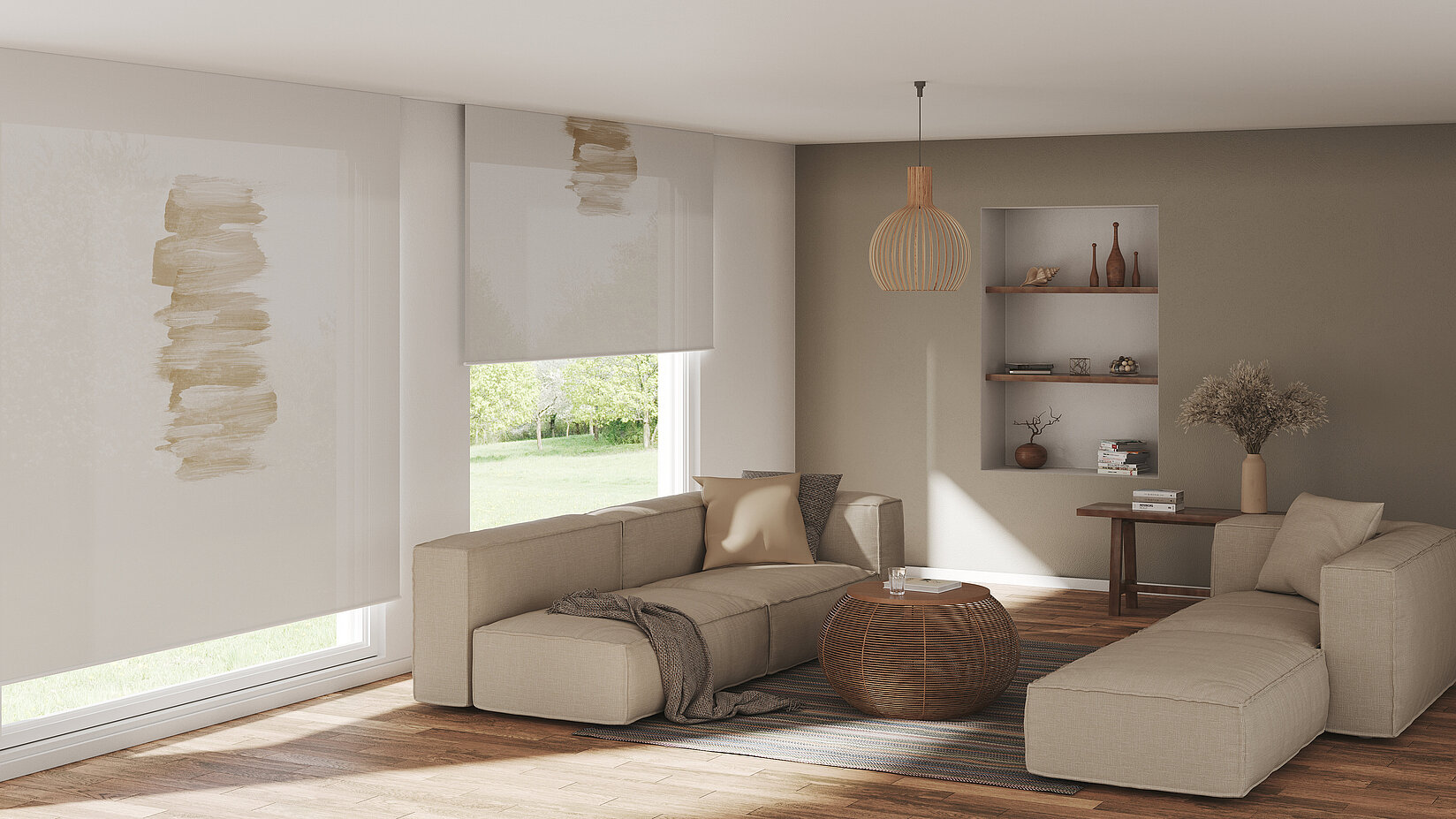 Zwei Rollos mit Highlight in Beige im Wohnzimmer