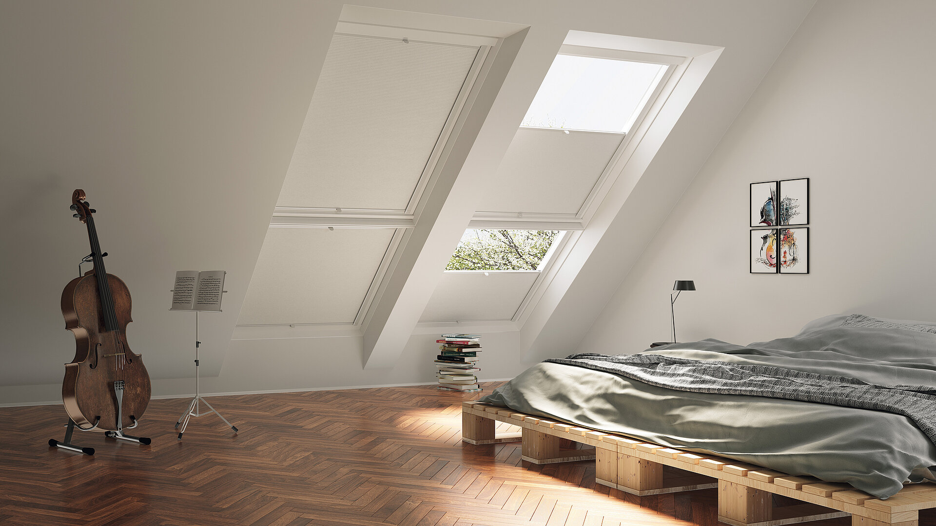 Am Dachfenster befestigte Wabenplissees im Schlafzimmer