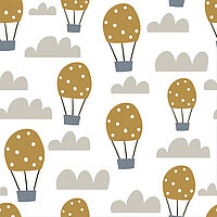 Verspieltes Ballon-Motiv mit senffarbenen Heissluftballons und grauen Wolken auf weissem Grund