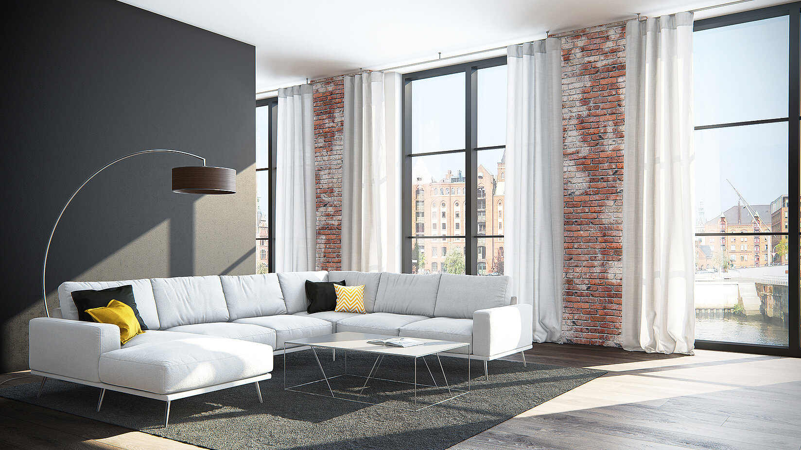 MHZ Vorhangschiene „Tokie“ mit halbtransparenten weissen Vorhängen in einem Loft mit grossen Fenstern und Ziegelwand.MHZ Vorhangschiene „Tokie“ mit halbtransparenten weissen Vorhängen in einem Loft mit grossen Fenstern und Ziegelwand.