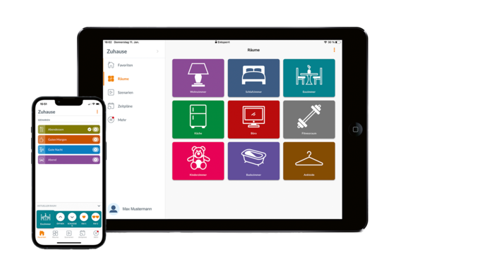 Tablet und Smartphone mit offener PowerView® 3 App – Steuerung nach Raumstruktur mit bunten Symbolfeldern.