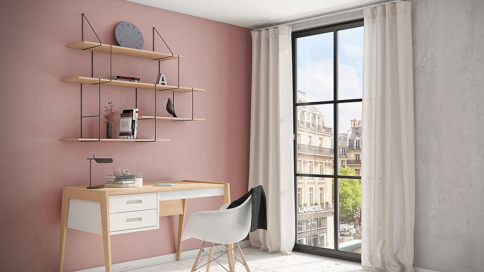 MHZ Vorhangschiene „Novell“ mit halbtransparentem cremeweissem Vorhang in einem hellen Arbeitszimmer mit rosa Wand.