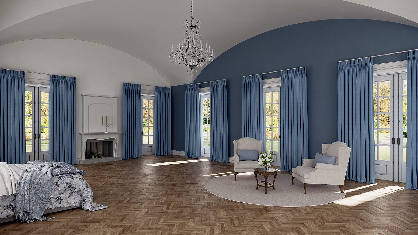Blaue Vorhänge als Sichtschutz im Schlafzimmer