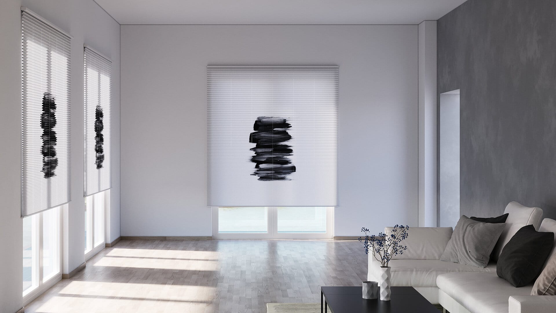 Plissees an den Fenster im Wohnzimmer