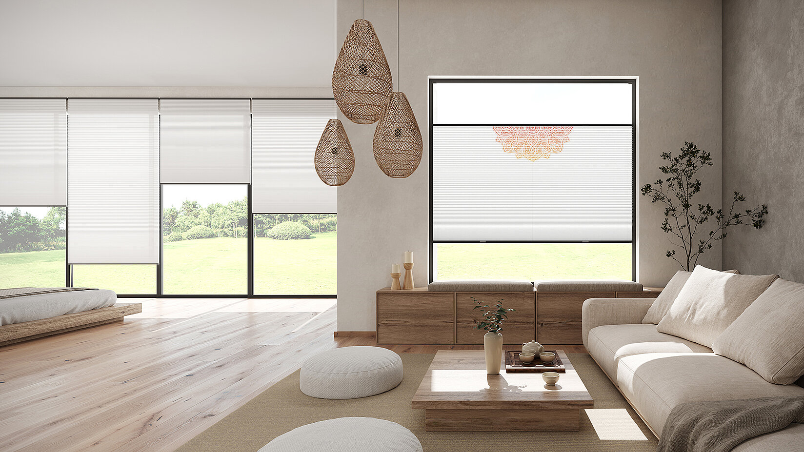 Wohnzimmer im Japandi-Stil mit MHZ Wabenplissee und Mandala-Motiv.