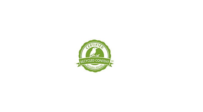 Grünes Siegel mit Vogelmotiv und dem Text „Certified Recycled Content – SCS Global Services“.