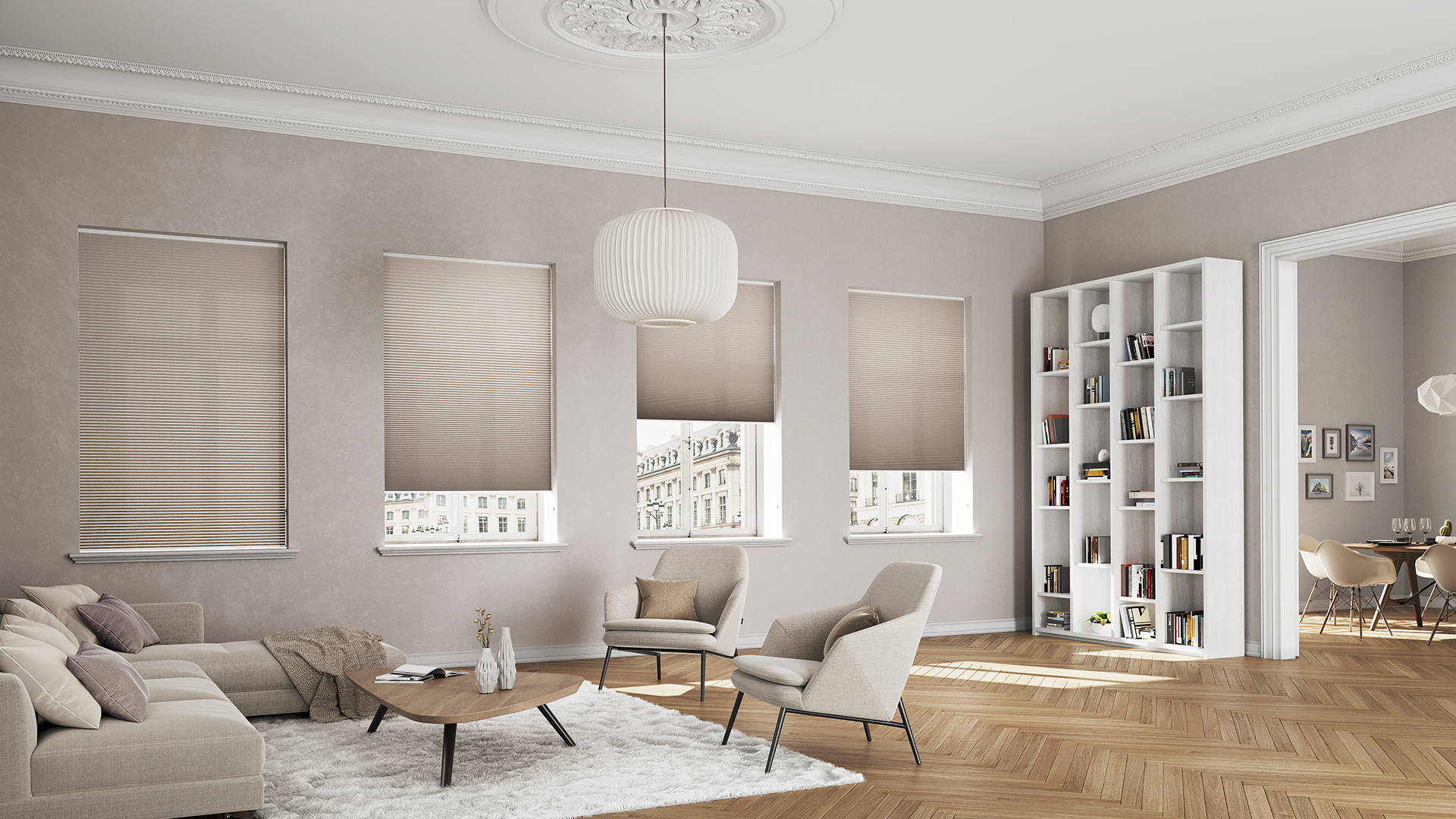 Duette Wabenplissee Stoff Elan Pearl im Wohnbereich an der Wand